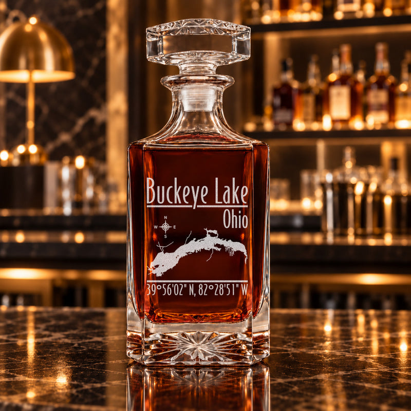 Buckeye Lake Ohio Modern engraved square whiskey decanter - decanter alone