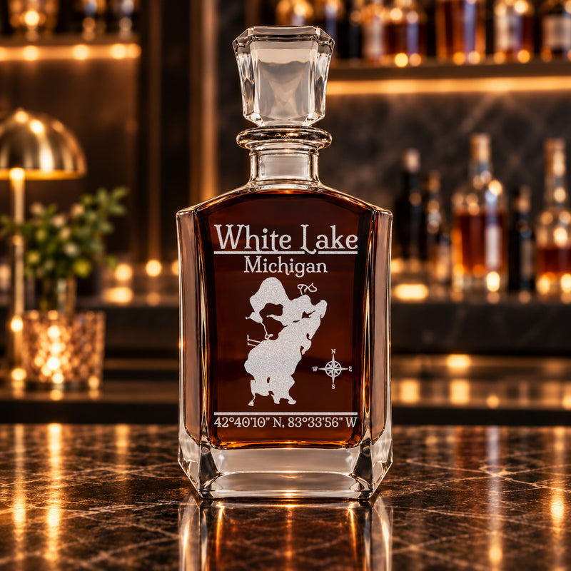 White Lake Michigan Classic engraved six-sided whiskey decanter - decanter alone