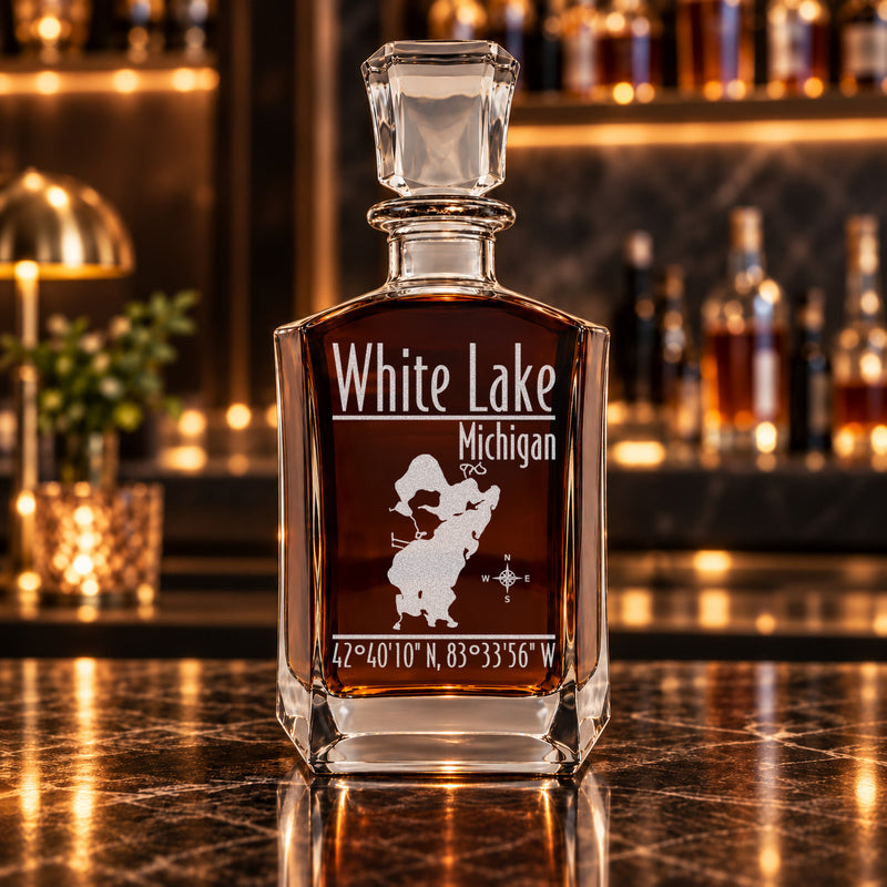 White Lake Michigan Modern engraved six-sided whiskey decanter - decanter alone