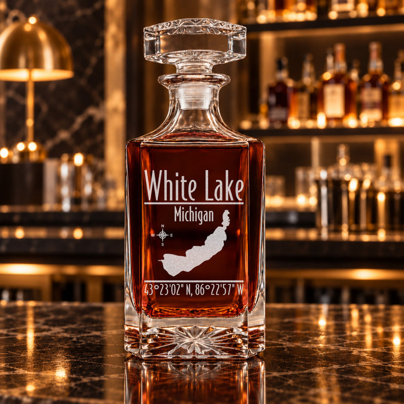 White Lake Michigan Modern engraved square whiskey decanter - decanter alone
