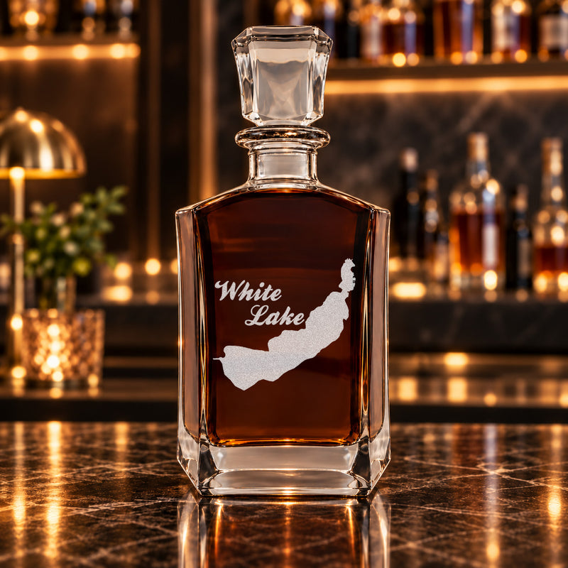 White Lake Michigan Minimalist engraved six-sided whiskey decanter - decanter alone
