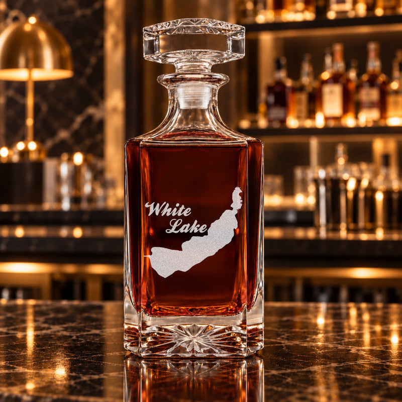 White Lake Michigan Minimalist engraved square whiskey decanter - decanter alone