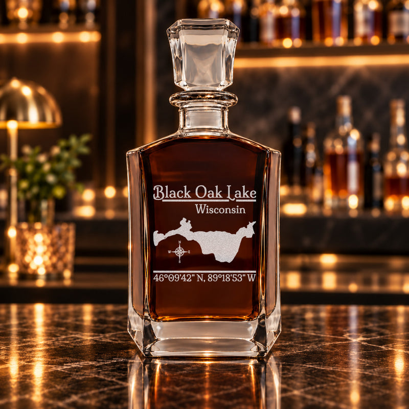 Black Oak Lake Wisconsin Classic engraved six-sided whiskey decanter - decanter alone