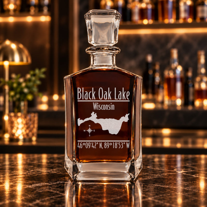 Black Oak Lake Wisconsin Modern engraved six-sided whiskey decanter - decanter alone
