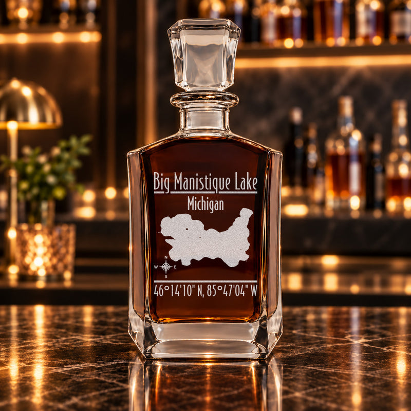 Big Manistique Lake Michigan Modern engraved six-sided whiskey decanter - decanter alone