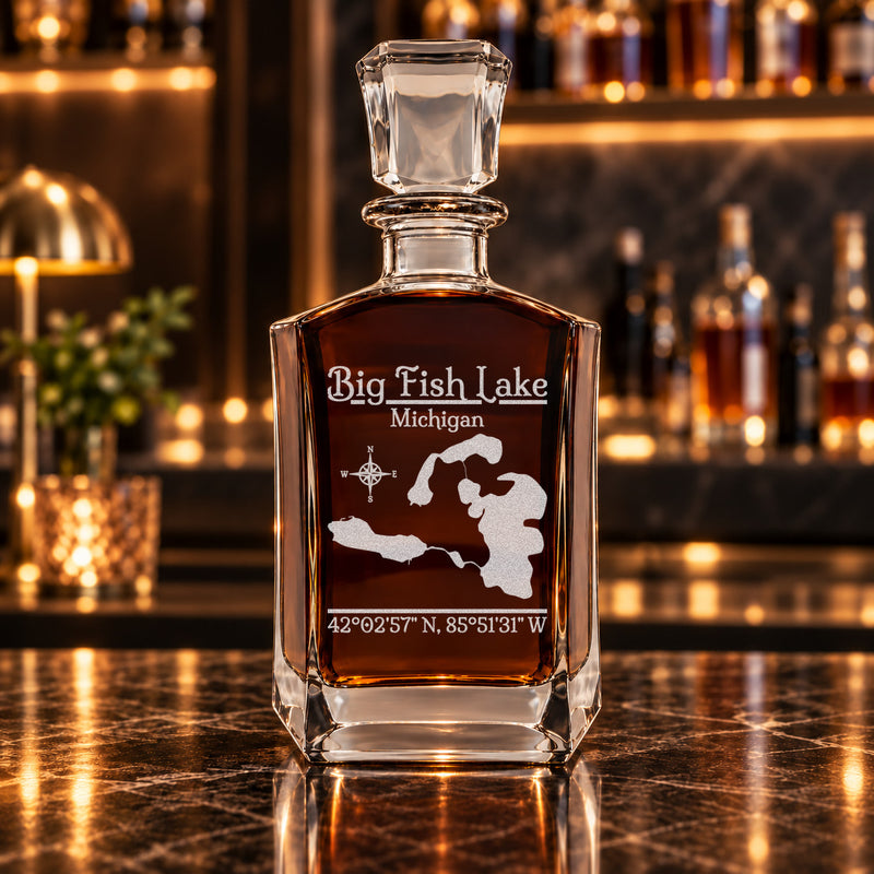 Big Fish Lake Michigan Classic engraved six-sided whiskey decanter - decanter alone
