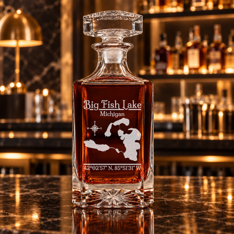 Big Fish Lake Michigan Classic engraved square whiskey decanter - decanter alone