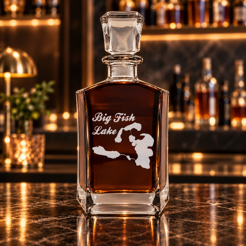 Big Fish Lake Michigan Minimalist engraved six-sided whiskey decanter - decanter alone