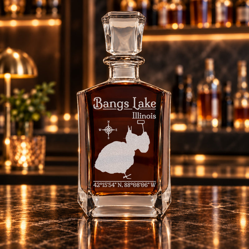 Bangs Lake Illinois Classic engraved six-sided whiskey decanter - decanter alone