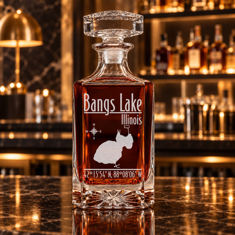 Bangs Lake Illinois Modern engraved square whiskey decanter - decanter alone