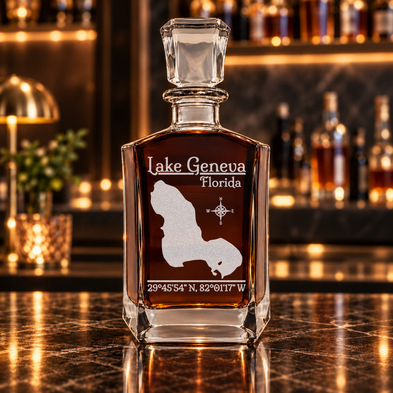 Lake Geneva Florida Classic engraved six-sided whiskey decanter - decanter alone