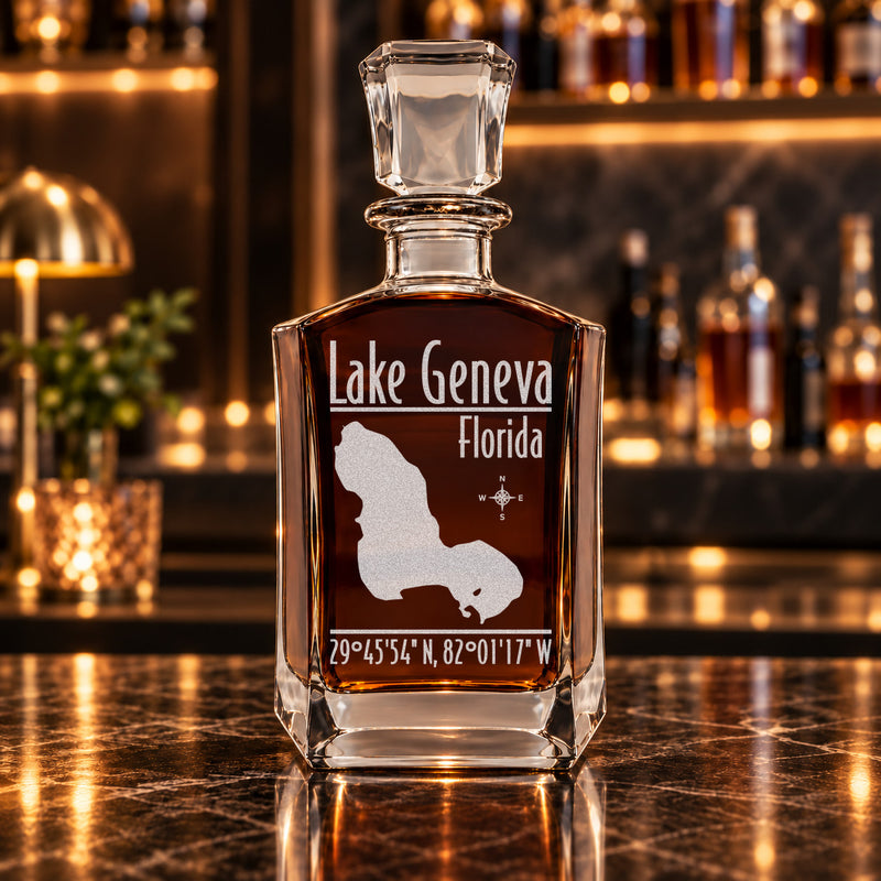 Lake Geneva Florida Modern engraved six-sided whiskey decanter - decanter alone