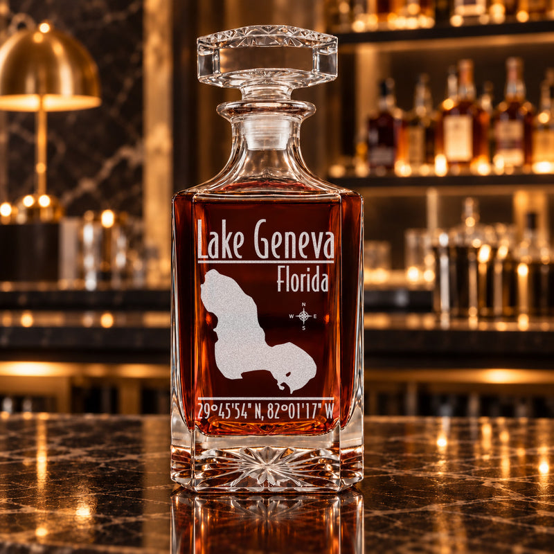 Lake Geneva Florida Modern engraved square whiskey decanter - decanter alone