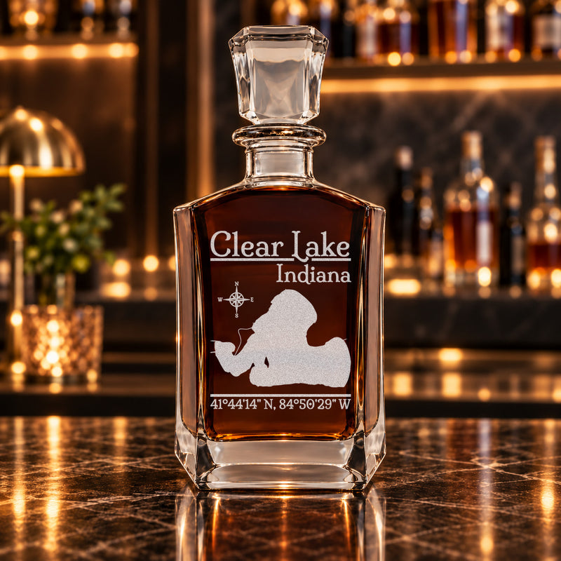 Clear Lake Indiana Classic engraved six-sided whiskey decanter - decanter alone