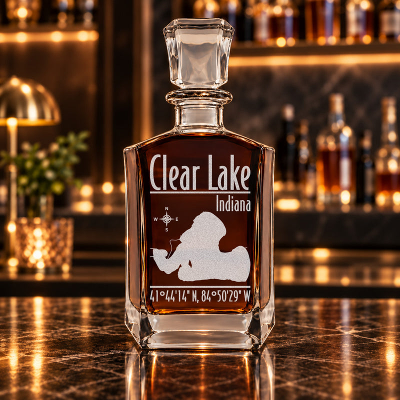 Clear Lake Indiana Modern engraved six-sided whiskey decanter - decanter alone