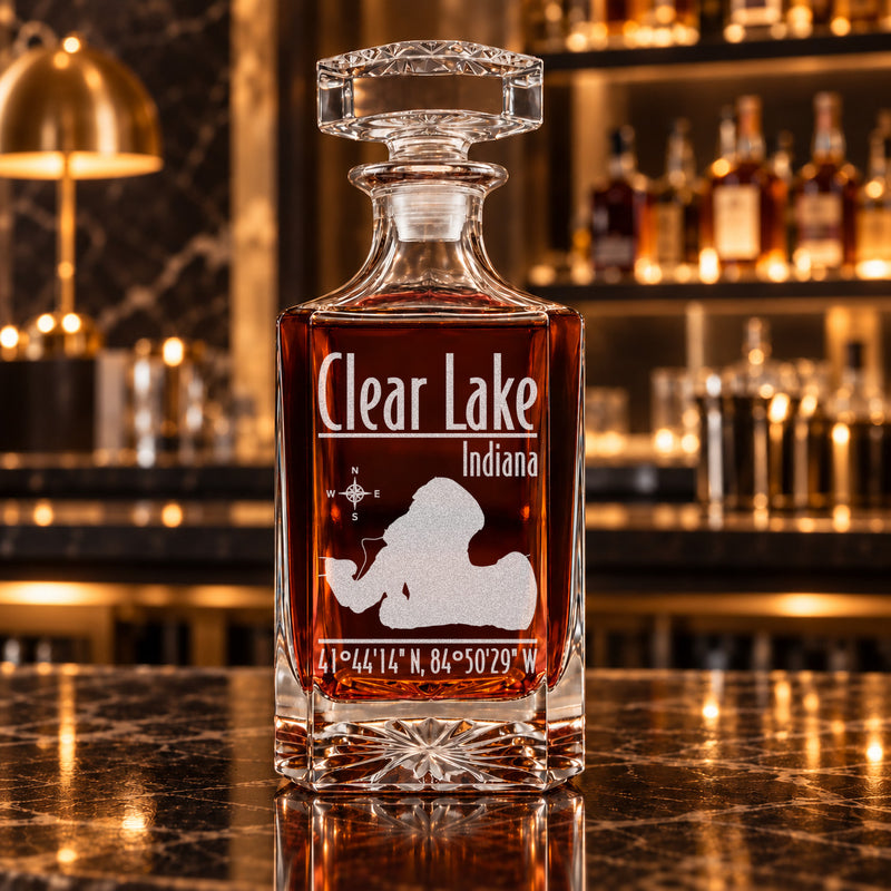 Clear Lake Indiana Modern engraved square whiskey decanter - decanter alone