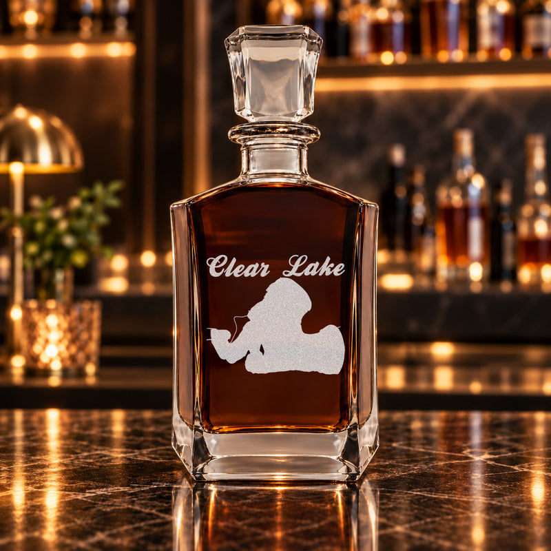 Clear Lake Indiana Minimalist engraved six-sided whiskey decanter - decanter alone