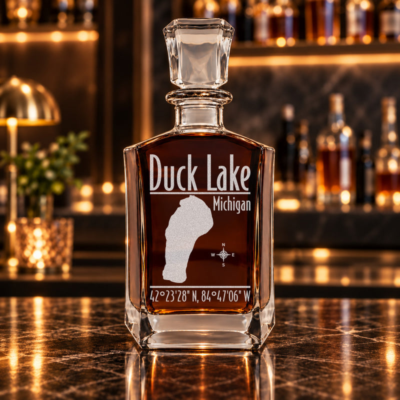 Duck Lake Michigan Modern engraved six-sided whiskey decanter - decanter alone