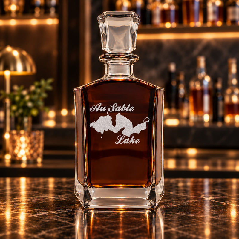 Au Sable Lake Michigan Minimalist engraved six-sided whiskey decanter - decanter alone