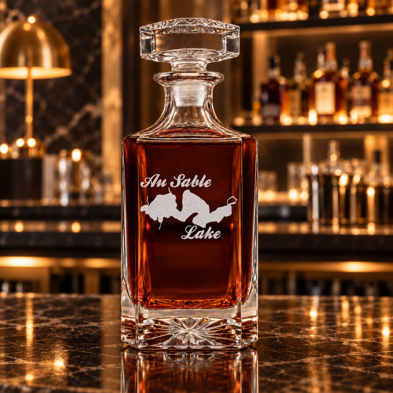 Au Sable Lake Michigan Minimalist engraved square whiskey decanter - decanter alone
