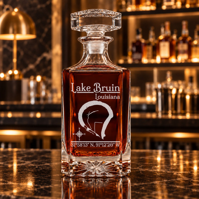 Lake Bruin Louisiana Classic engraved square whiskey decanter - decanter alone