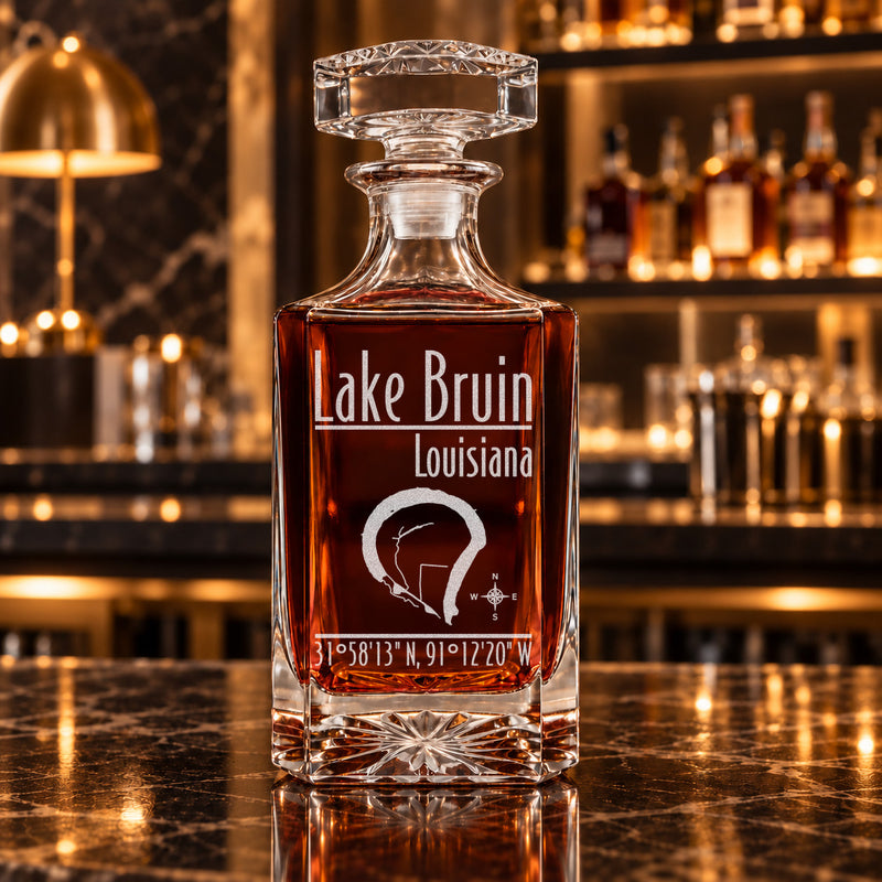 Lake Bruin Louisiana Modern engraved square whiskey decanter - decanter alone