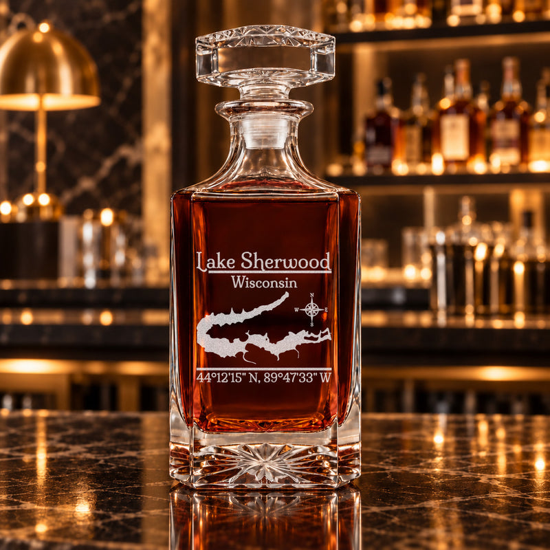 Lake Sherwood Wisconsin Classic engraved square whiskey decanter - decanter alone