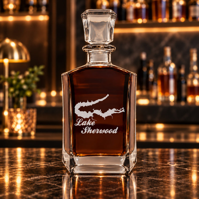 Lake Sherwood Wisconsin Minimalist engraved six-sided whiskey decanter - decanter alone