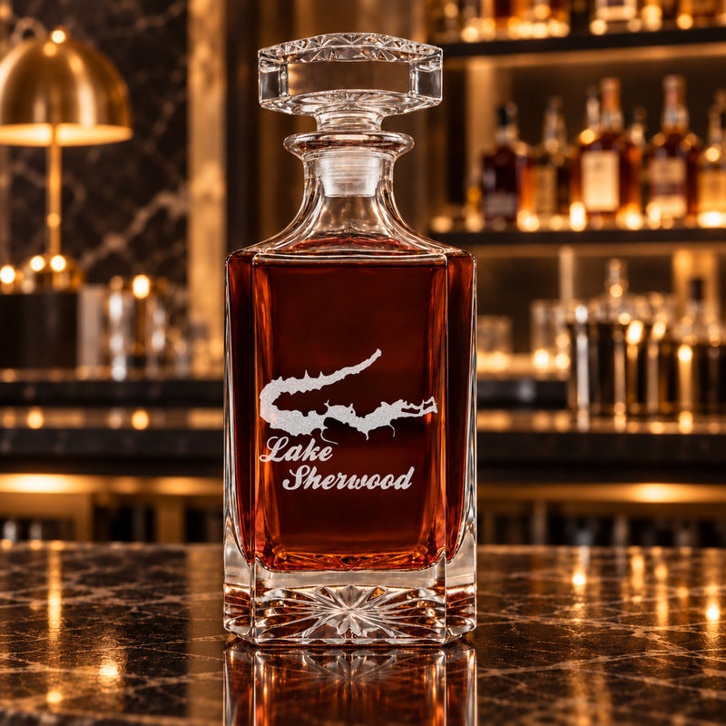 Lake Sherwood Wisconsin Minimalist engraved square whiskey decanter - decanter alone