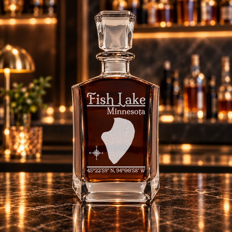 Fish Lake Minnesota Classic engraved six-sided whiskey decanter - decanter alone