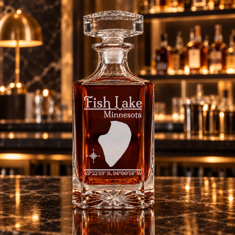 Fish Lake Minnesota Classic engraved square whiskey decanter - decanter alone