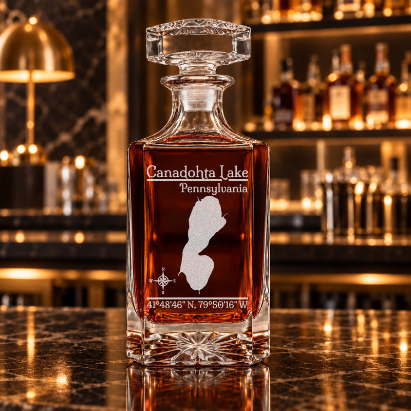 Canadohta Lake Pennsylvania Classic engraved square whiskey decanter - decanter alone