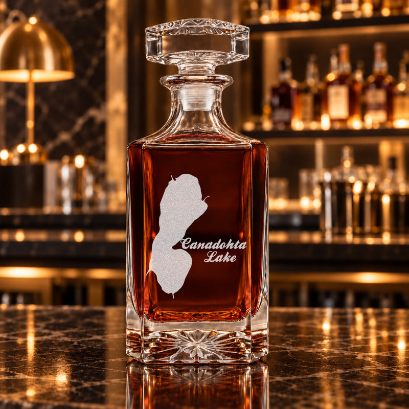 Canadohta Lake Pennsylvania Minimalist engraved square whiskey decanter - decanter alone