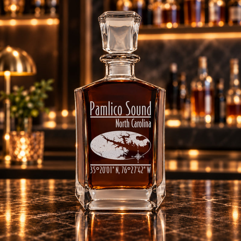 Pamlico Sound North Carolina Modern engraved six-sided whiskey decanter - decanter alone