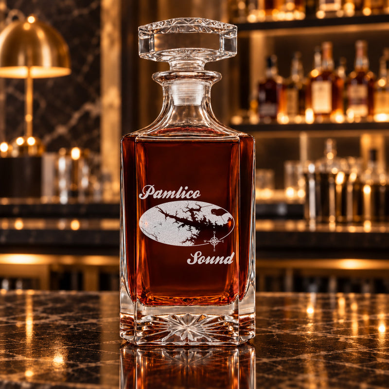 Pamlico Sound North Carolina Minimalist engraved square whiskey decanter - decanter alone