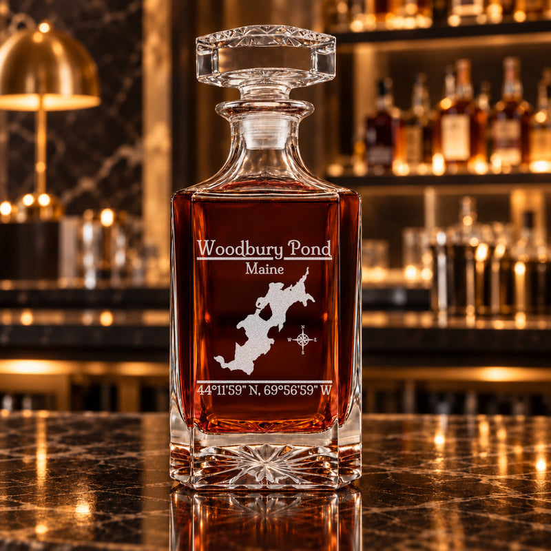Woodbury Pond Maine Classic engraved square whiskey decanter - decanter alone