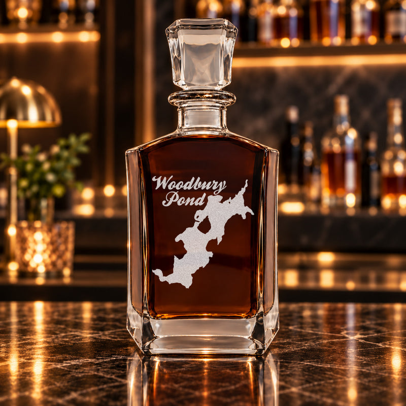 Woodbury Pond Maine Minimalist engraved six-sided whiskey decanter - decanter alone