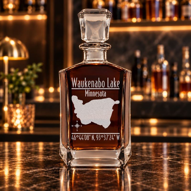 Waukenabo Lake Minnesota Modern engraved six-sided whiskey decanter - decanter alone