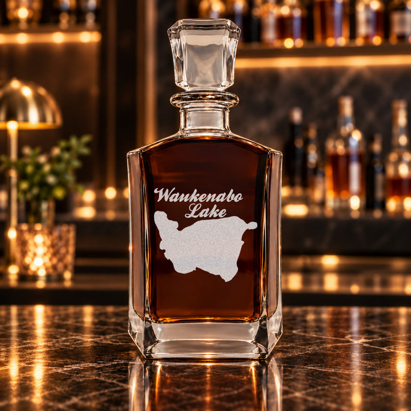 Waukenabo Lake Minnesota Minimalist engraved six-sided whiskey decanter - decanter alone