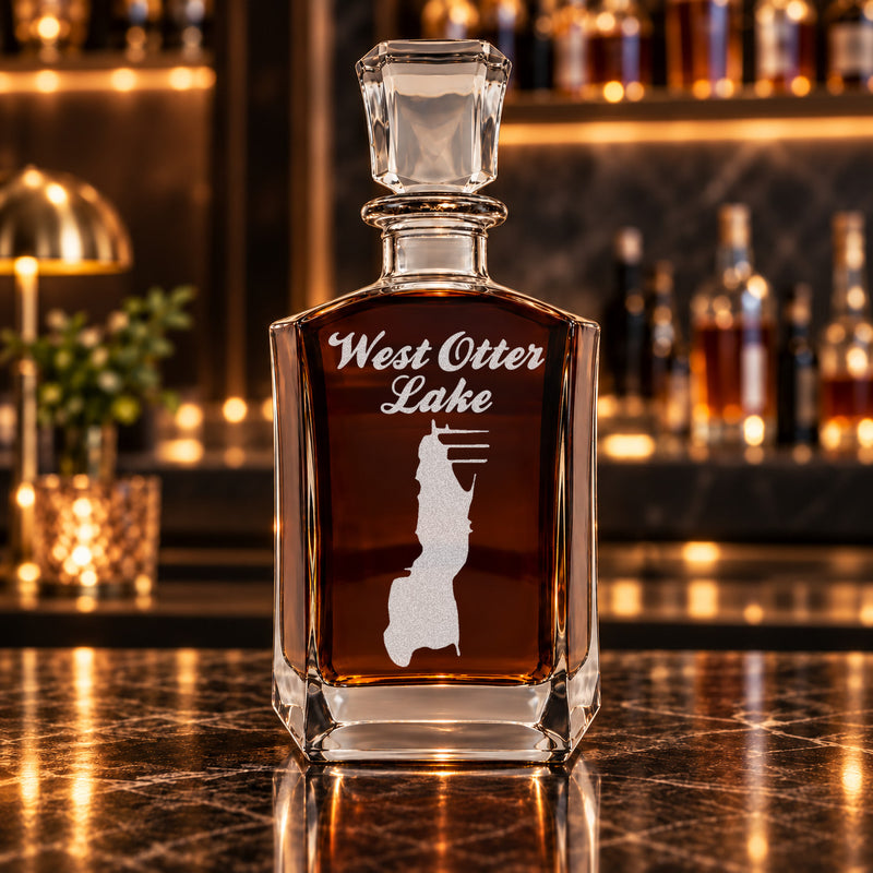 West Otter Lake Indiana Minimalist engraved six-sided whiskey decanter - decanter alone