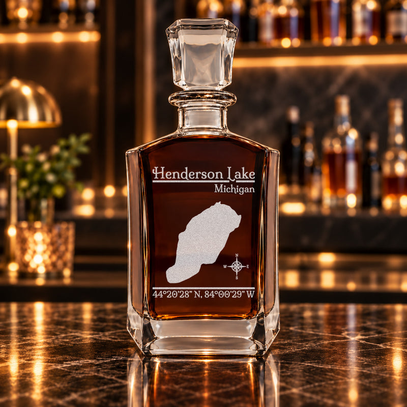 Henderson Lake Michigan Classic engraved six-sided whiskey decanter - decanter alone