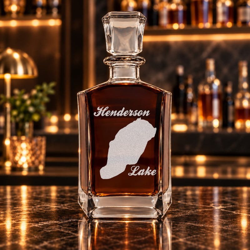 Henderson Lake Michigan Minimalist engraved six-sided whiskey decanter - decanter alone