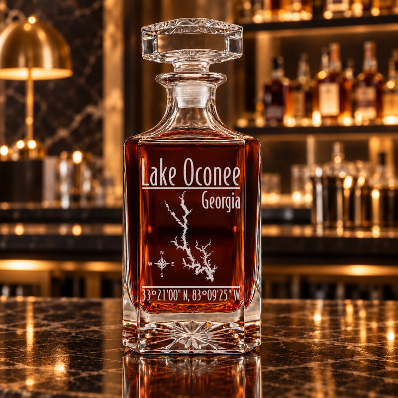 Lake Oconee Georgia Modern engraved square whiskey decanter - decanter alone