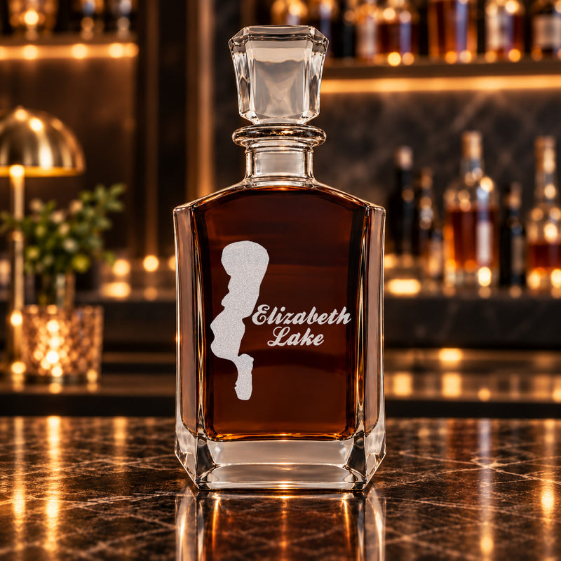 Elizabeth Lake Minnesota Minimalist engraved six-sided whiskey decanter - decanter alone