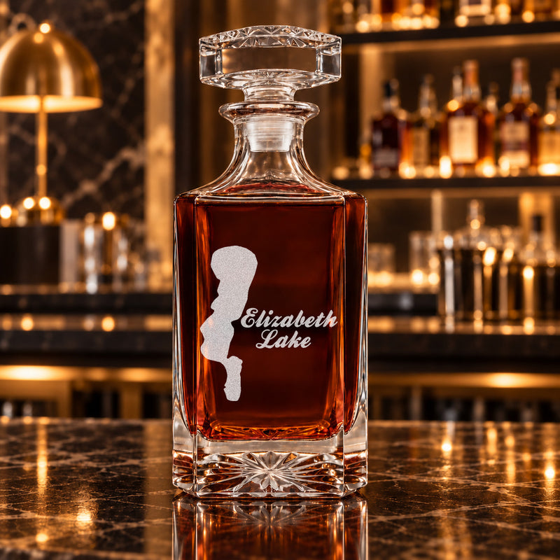Elizabeth Lake Minnesota Minimalist engraved square whiskey decanter - decanter alone