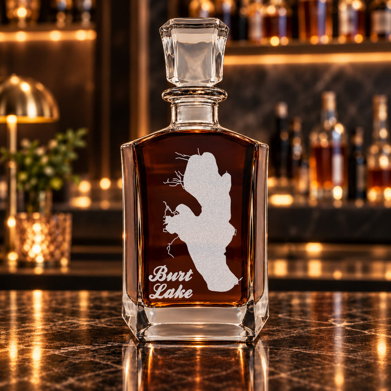 Burt Lake Michigan Minimalist engraved six-sided whiskey decanter - decanter alone