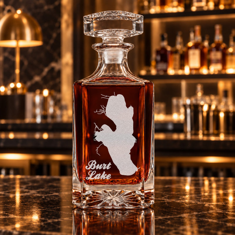 Burt Lake Michigan Minimalist engraved square whiskey decanter - decanter alone