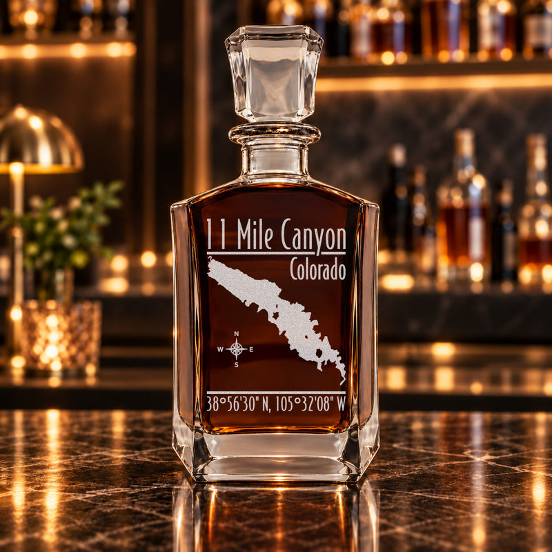 11 Mile Canyon Colorado Modern engraved six-sided whiskey decanter - decanter alone