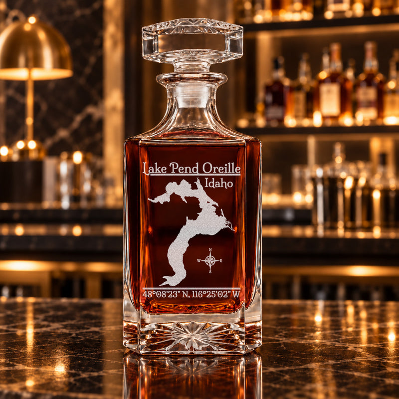 Lake Pend Oreille Idaho Classic engraved square whiskey decanter - decanter alone