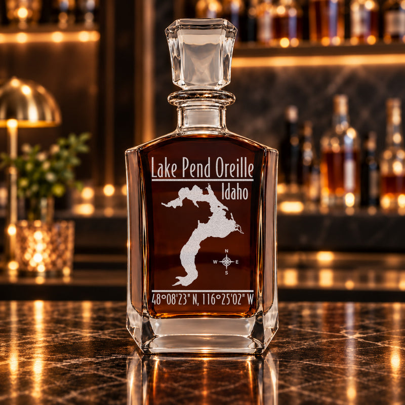 Lake Pend Oreille Idaho Modern engraved six-sided whiskey decanter - decanter alone